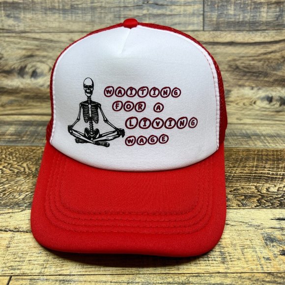 Waiting For A Living Wage Mens Trucker Hat Red Snapback Punk Leftist Ball Cap - Picture 2 of 7